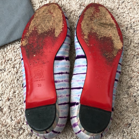 Louboutin Flats Peep Toe Accent Purple Light Blue Jaquard Red Bottom Shoes 38 8 - Picture 6 of 6